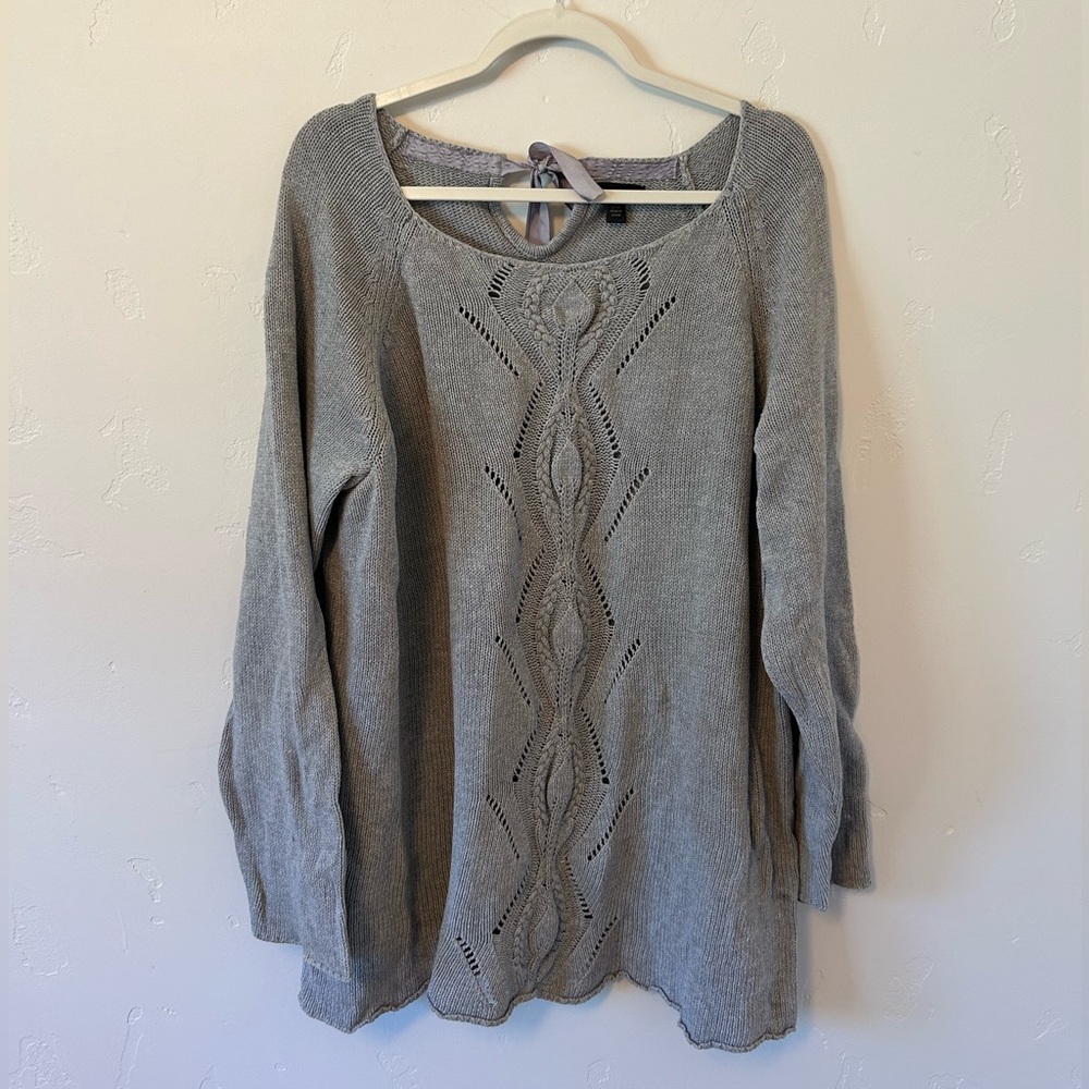 Ellos Open Weave Long Sweater Grey Sz 1X Plus Fall Long Sleeve Knit Pattern